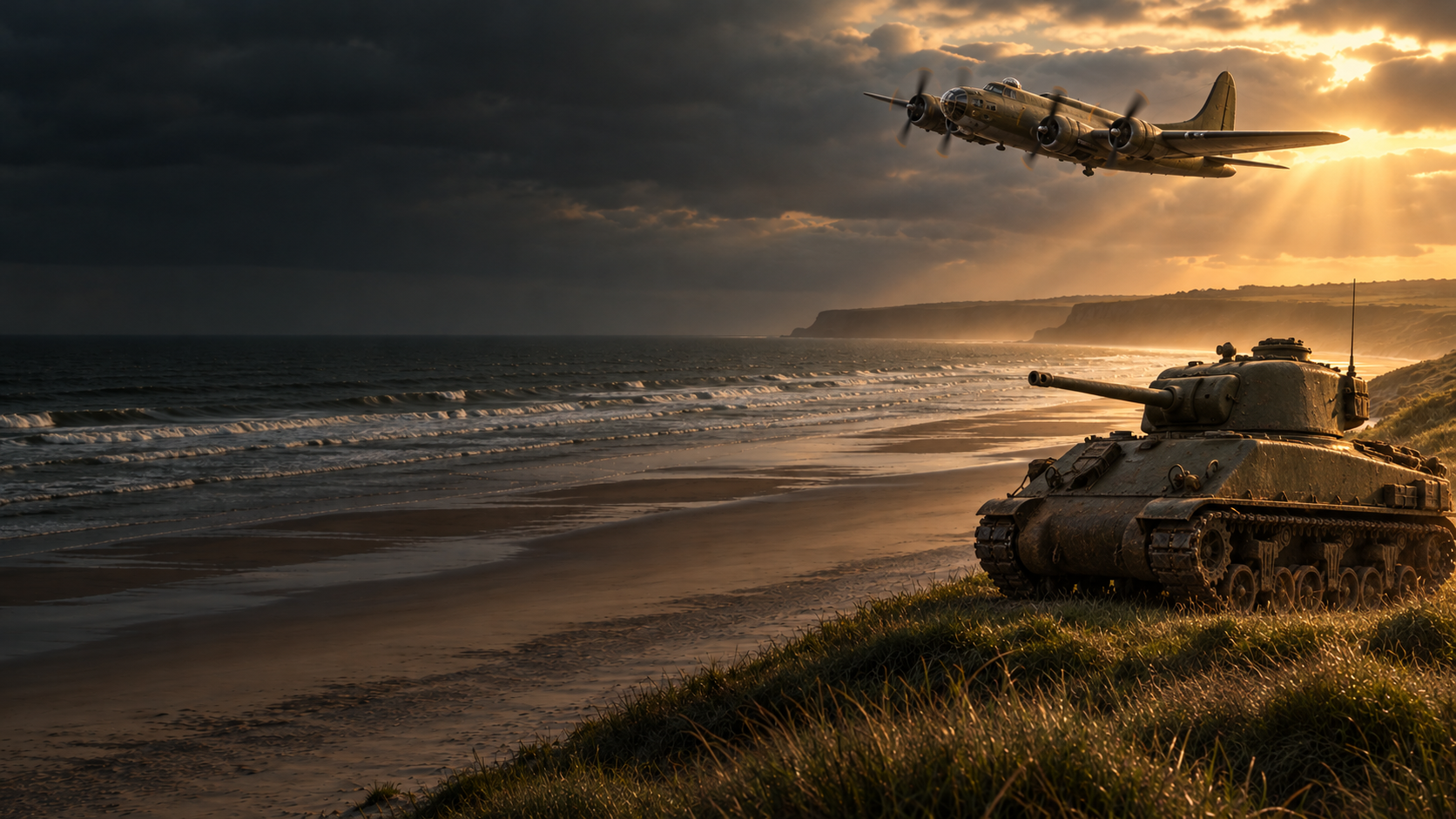 Composição ilustrativa de avião e tanque históricos na costa da Normandia
